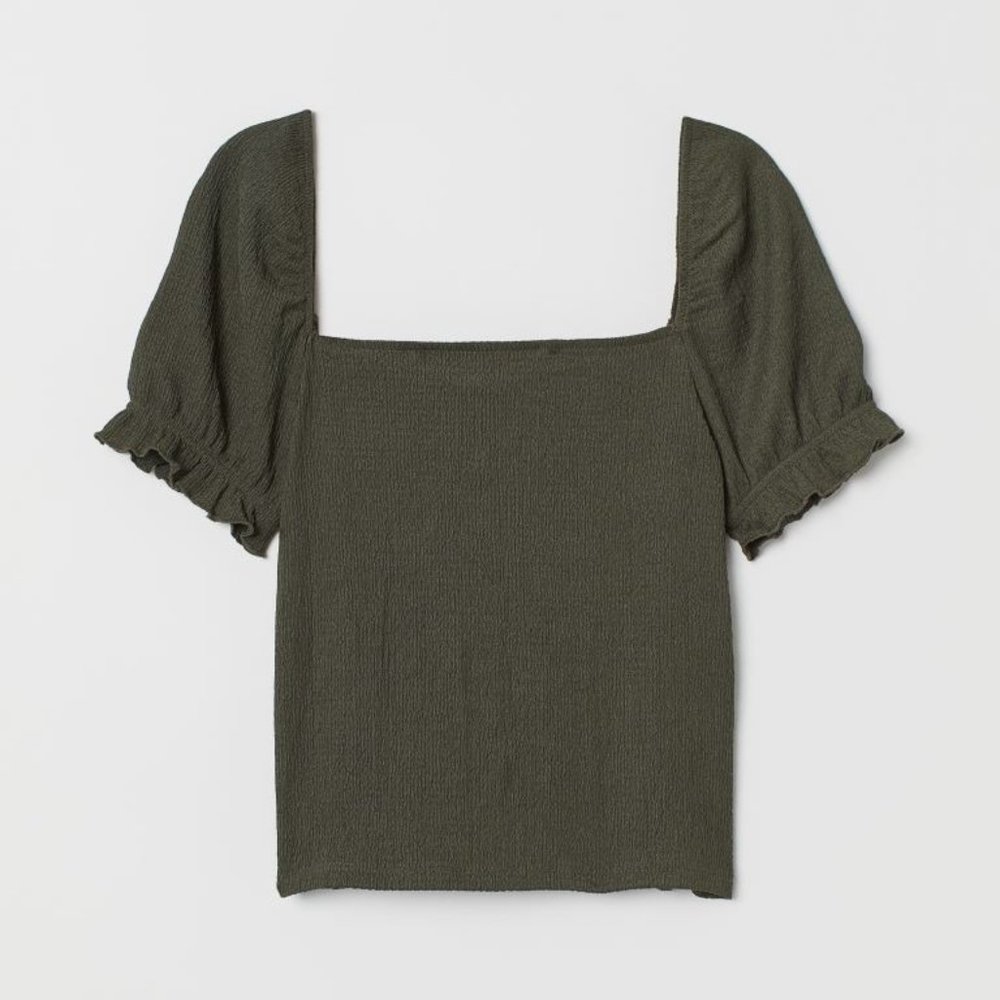H&M Dark Khaki Green Puff-sleeved Top